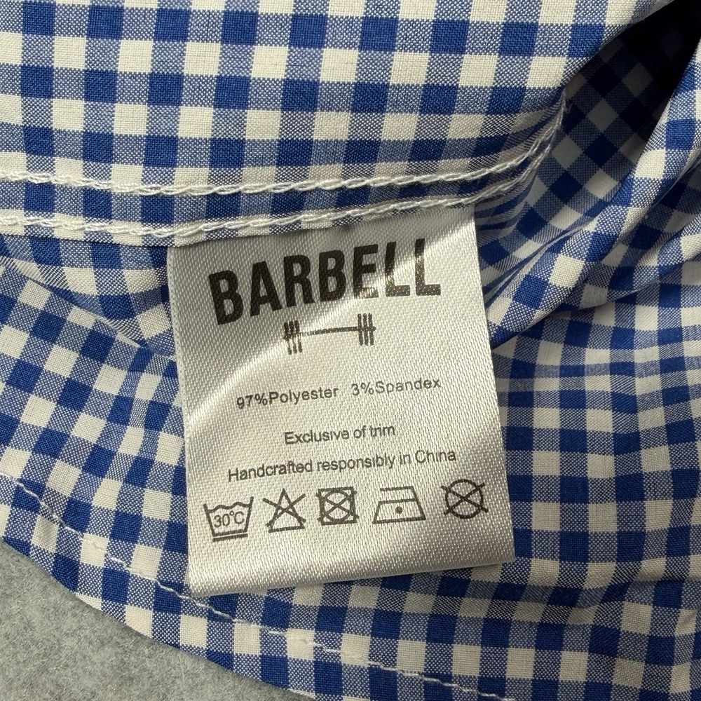 Barbell Shirt Mens Medium Blue White Gingham Short Sleeve Button Front Stretch - Picture 7 of 9